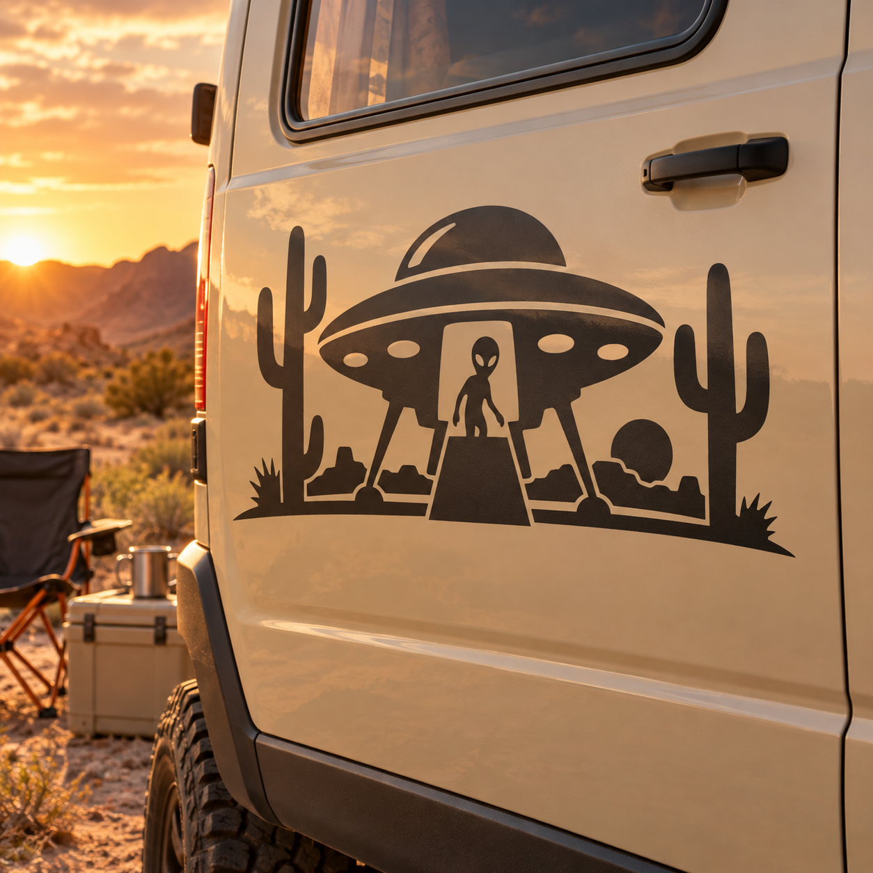 Black desert alien vinyl decal with UFO, cacti, and silhouette figures on vehicle door