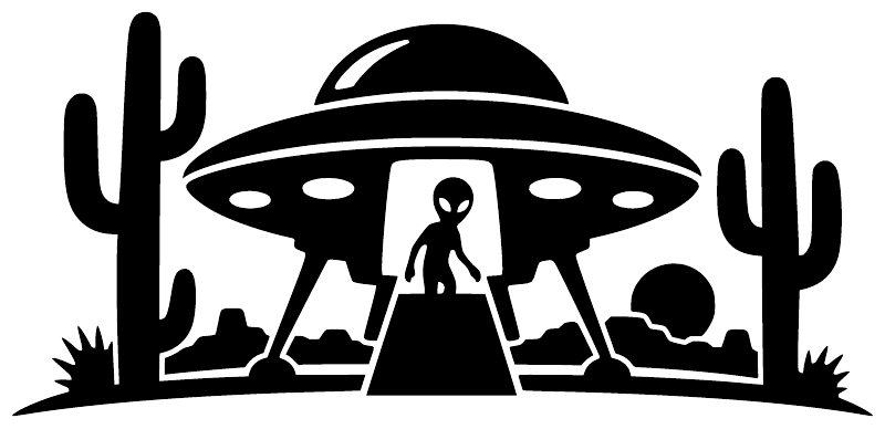 Black desert alien vinyl decal silhouette with UFO, cacti, and two characters