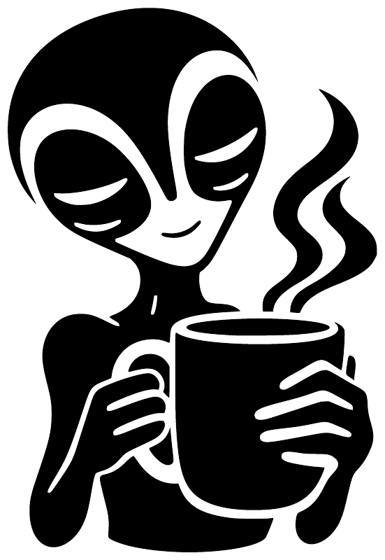 Alien vinyl decal closeup of black character holding steaming coffee mug, white outline