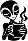Alien vinyl decal closeup of black character holding steaming coffee mug, white outline