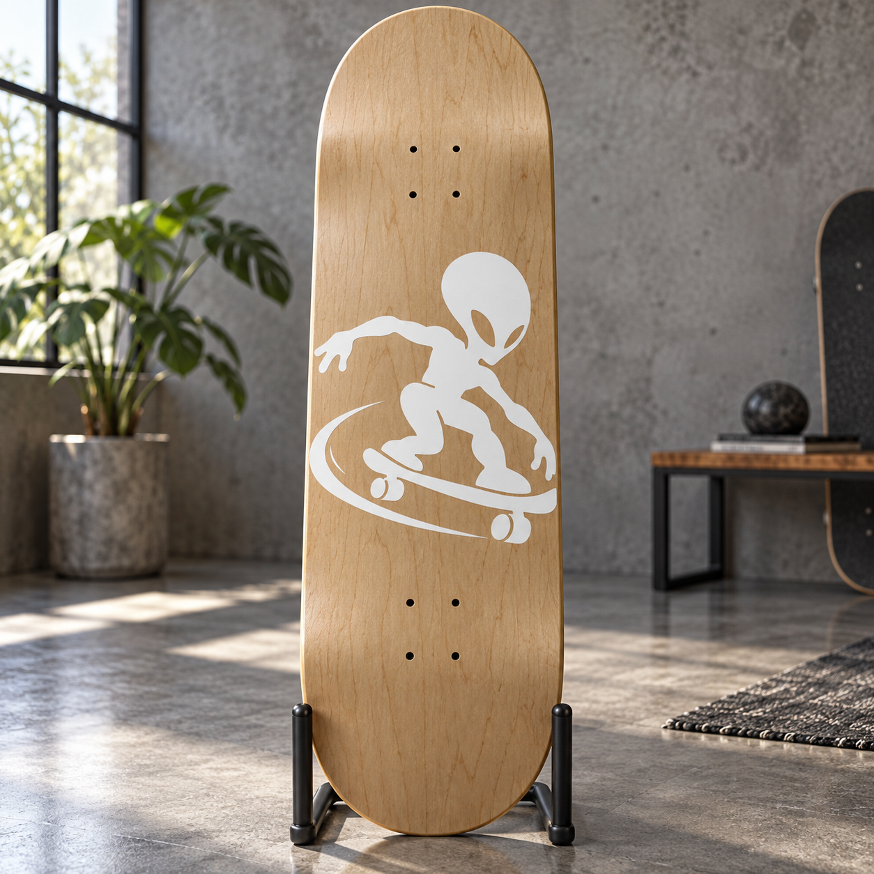 Skateboard deck with alien skater vinyl decal in white silhouette art
