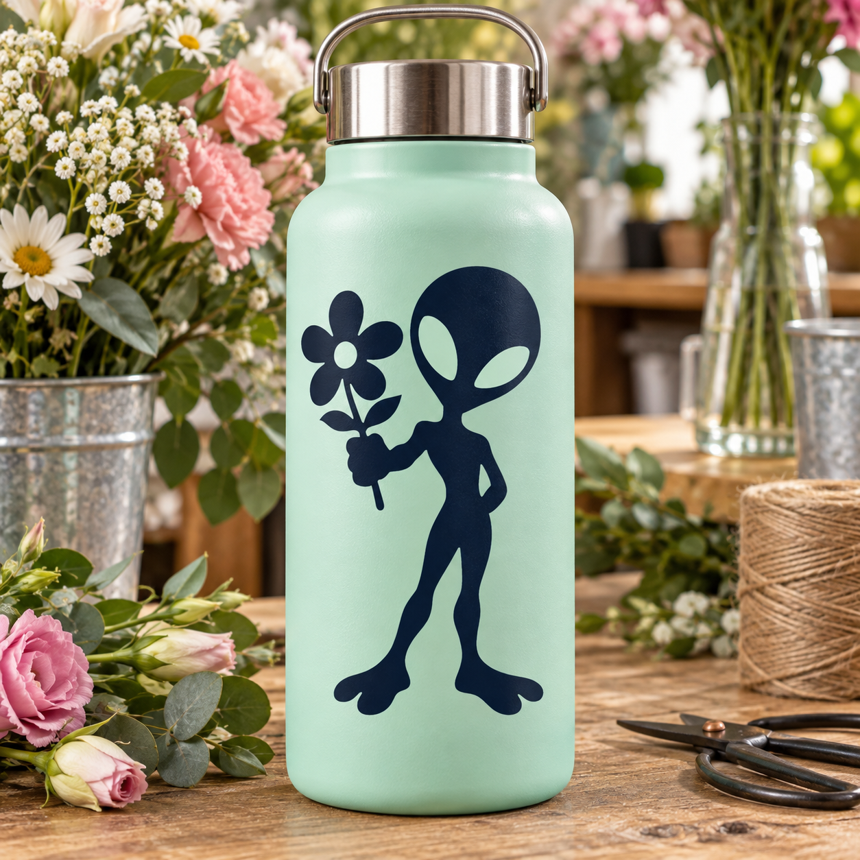 Mint bottle with dark blue alien vinyl decal holding a flower bouquet silhouette