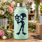 Mint bottle with dark blue alien vinyl decal holding a flower bouquet silhouette