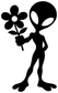 Black and white alien vinyl decal holding a flower bouquet with three petals