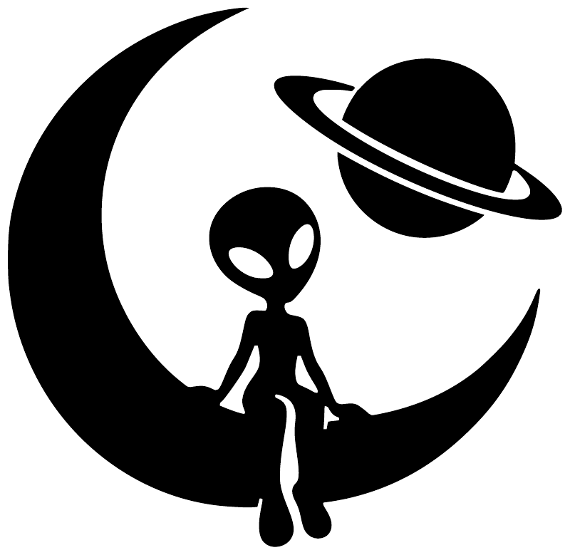 Black alien vinyl wall decal with crescent moon and Saturn ring planet