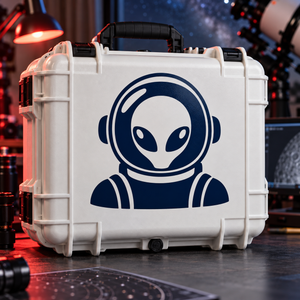 Alien astronaut vinyl decal with dark helmet, suit, and alien face