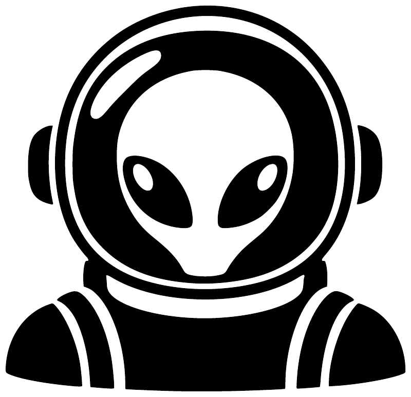 Alien astronaut vinyl decal with black suit, white outlines, and oval eyes