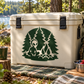 Green alien camp decal with pine trees and campfire flames on a cooler