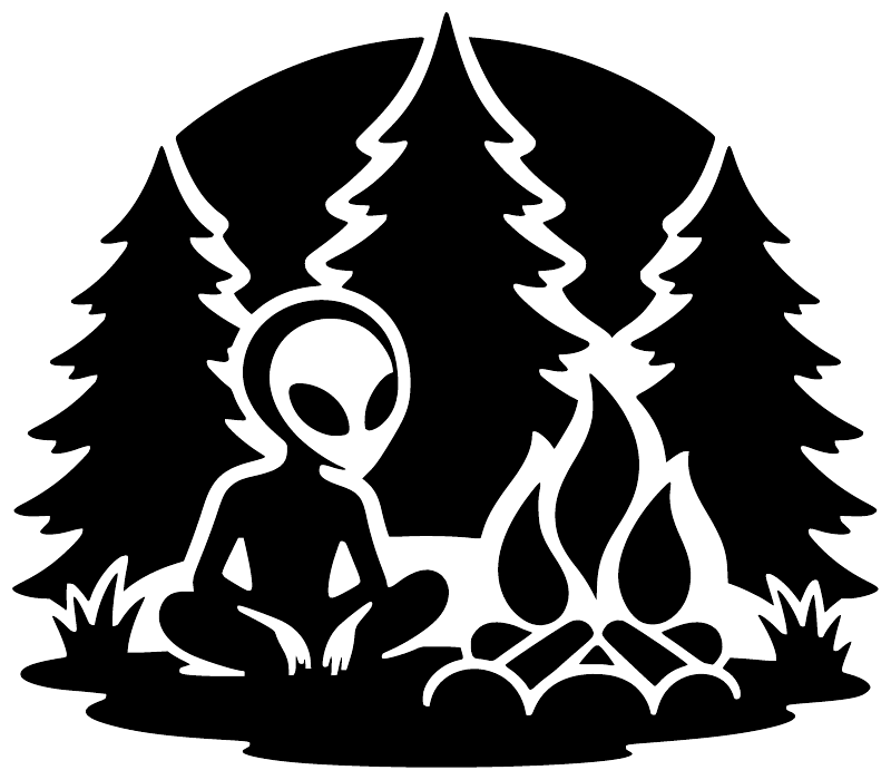 Black vinyl decal with white alien, pine trees, and campfire flames