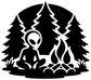 Black vinyl decal with white alien, pine trees, and campfire flames