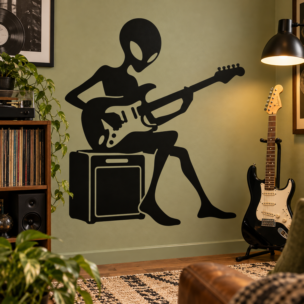 Alien guitarist vinyl decal: black alien silhouette playing electric guitar with amp