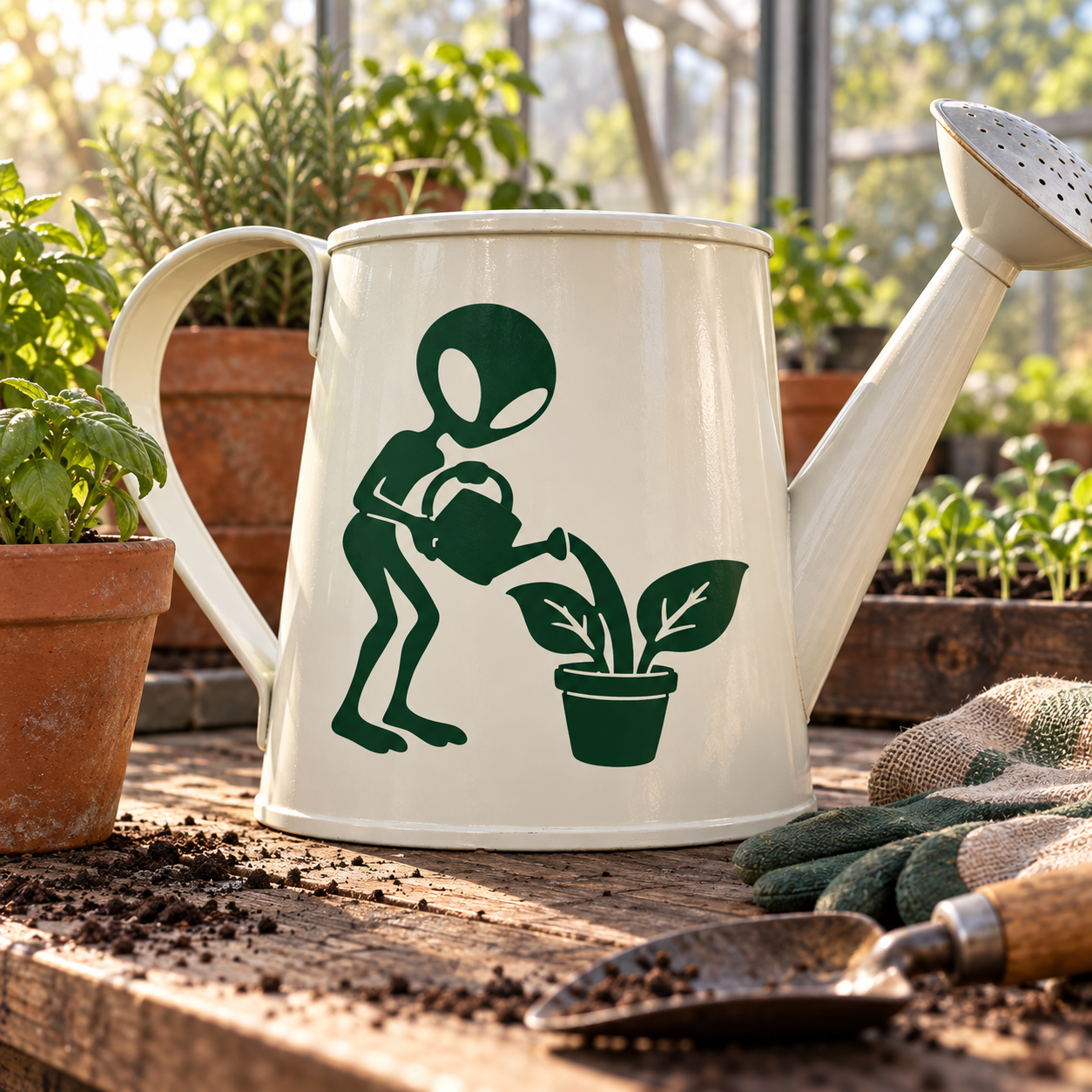Green alien gardener vinyl decal on white watering can: alien holding pot and seedling