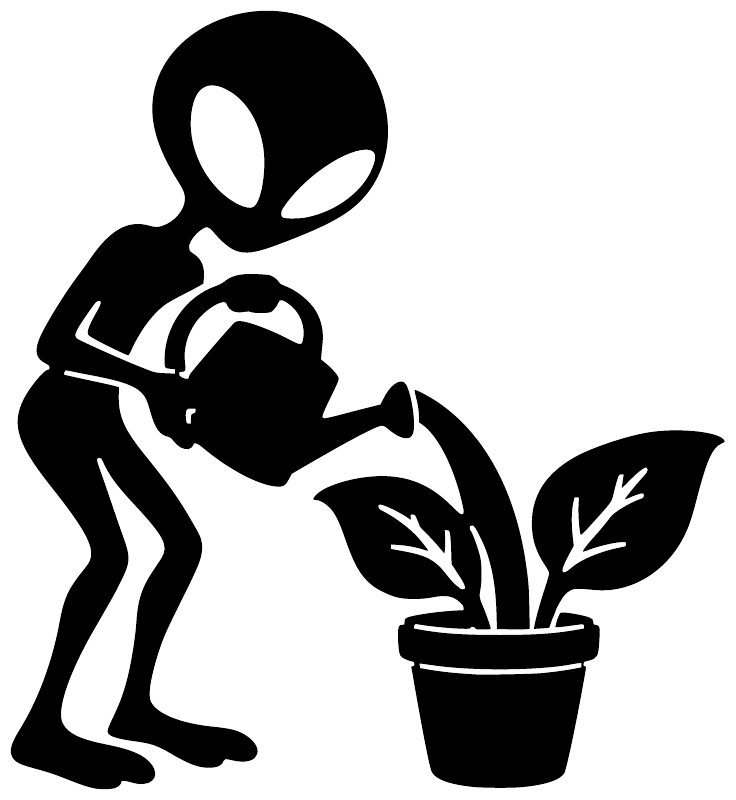 Black alien gardener vinyl decal silhouette with potted plants and watering can