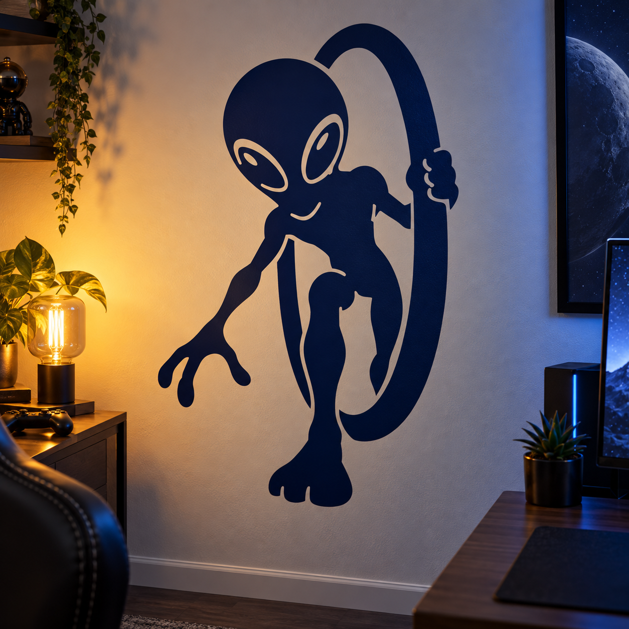 Alien vinyl decal of a smiling character with a portal ring behind it