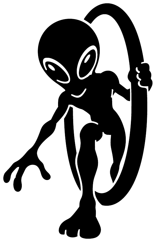 Black alien vinyl decal with portal ring, smiling face and waving hand