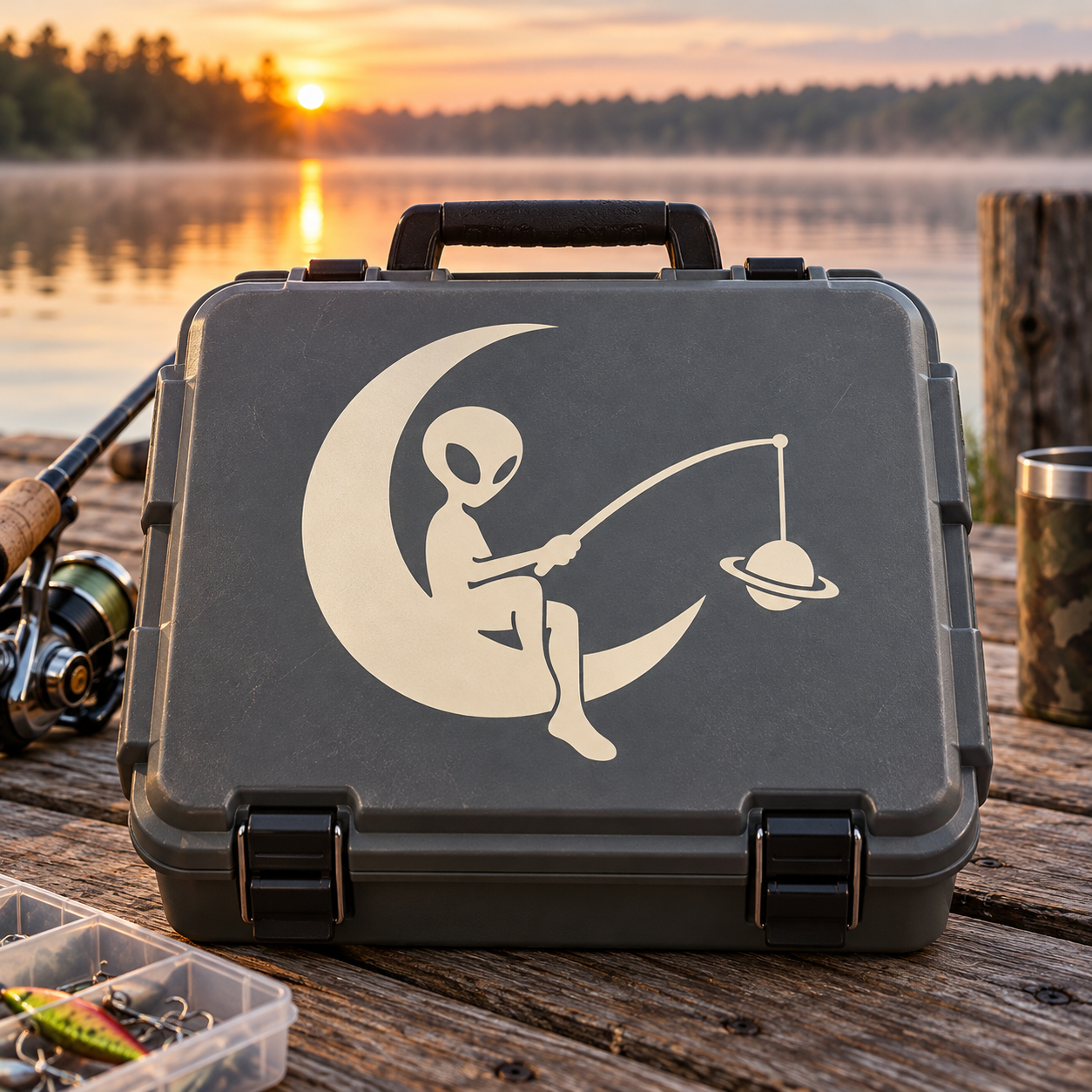 Alien fishing vinyl decal on dark case with crescent moon and UFO lure