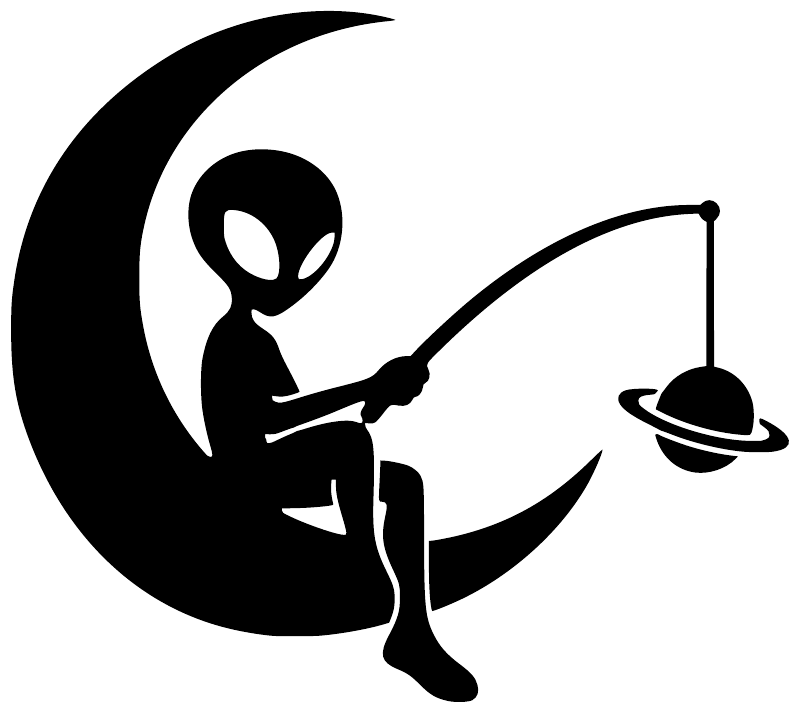 Alien fishing silhouette vinyl decal with crescent moon and line to UFO