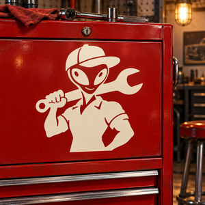White alien mechanic vinyl decal with hat, wrench, and spanner graphics