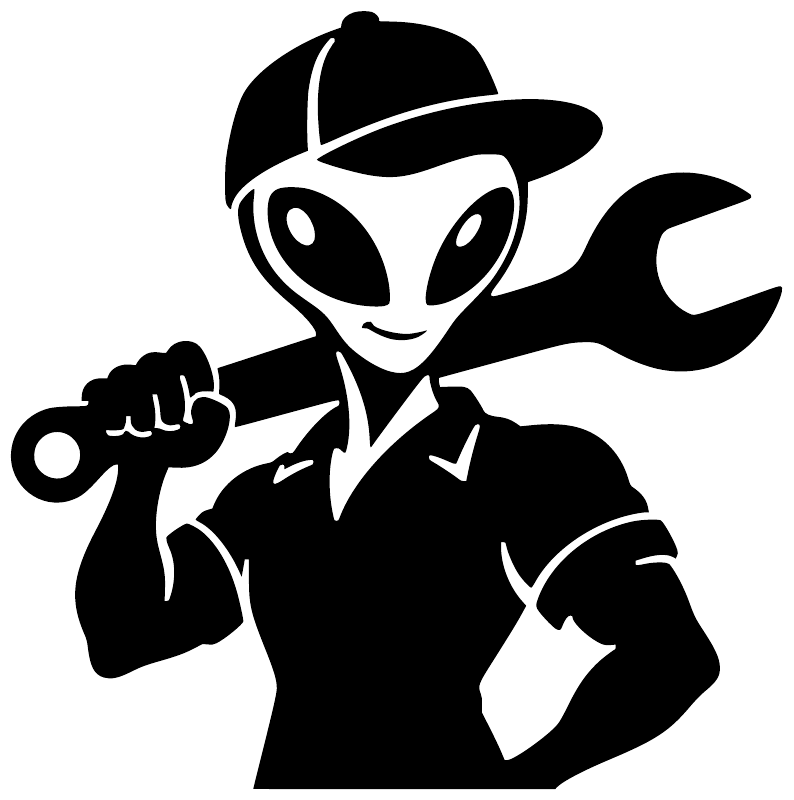 Alien mechanic vinyl decal graphic in black and white, holding a wrench