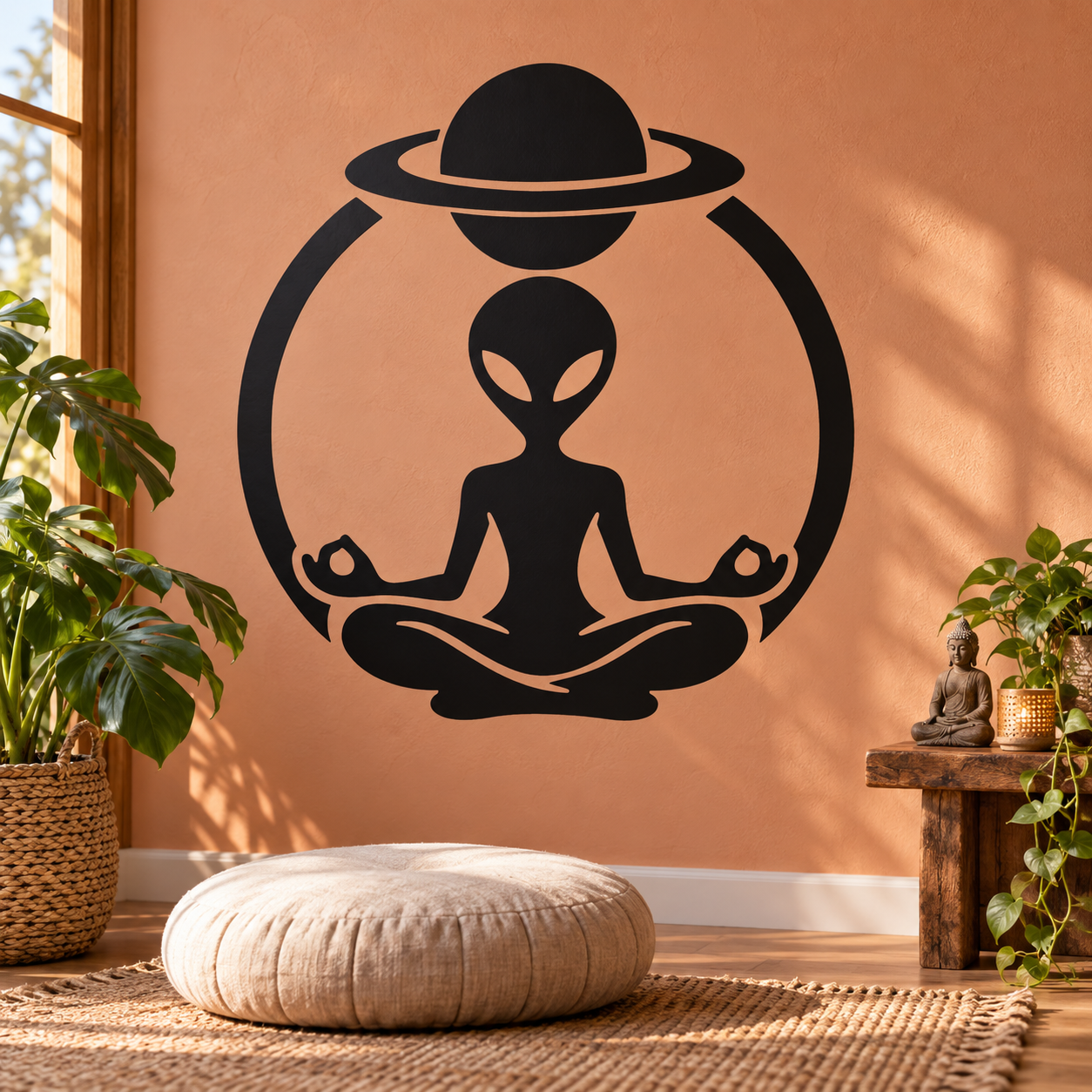 Alien yoga meditation vinyl decal with planet and outer ring, black design
