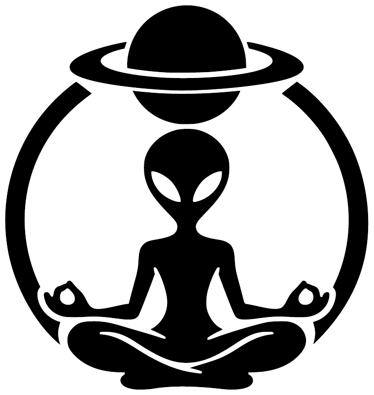 Meditating alien vinyl decal with UFO planet and circular aura, bold black