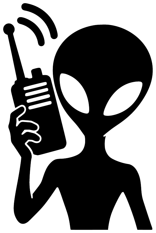 Alien vinyl decal graphic with antenna radio and broadcast waves on white