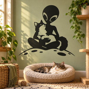 Alien and cat vinyl wall decal silhouette: dark extraterrestrial holding a cat
