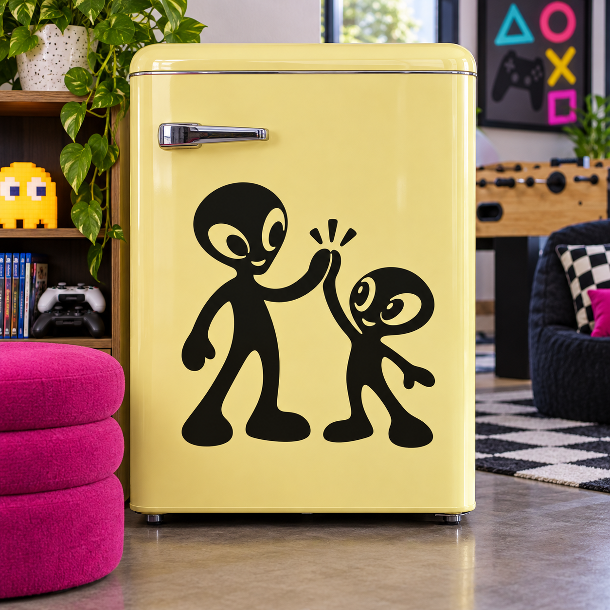 Alien vinyl decal with two black-and-white figures high-fiving on a light yellow surface