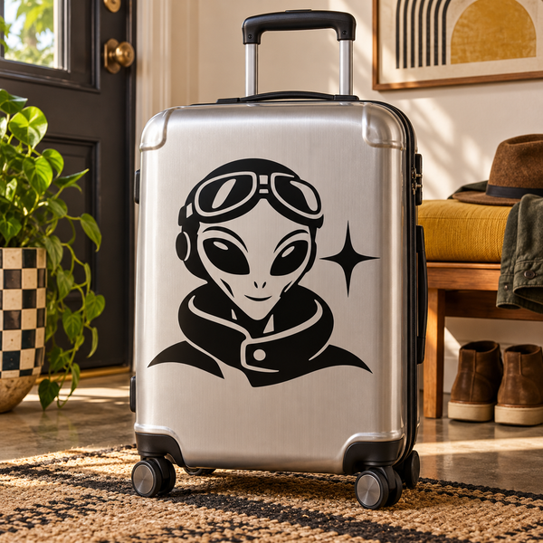 Alien space pilot vinyl decal with star accents on a suitcase