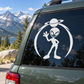 White alien in a planet vinyl decal for car windows, round graphic