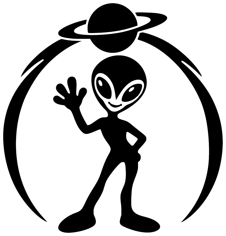 Black and white alien vinyl decal with planet outline, waving hand design