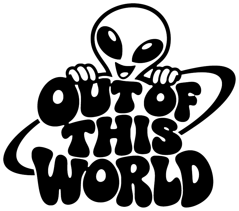 Alien vinyl decal close-up with large eyes, hands, and dripping OUT OF THIS WORLD text