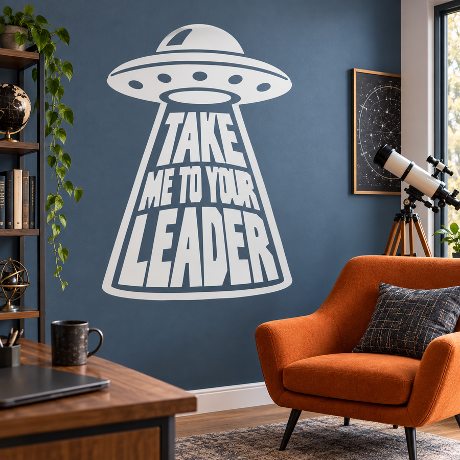 White alien vinyl decal: UFO figure with 'TAKE ME TO YOUR LEADER' text