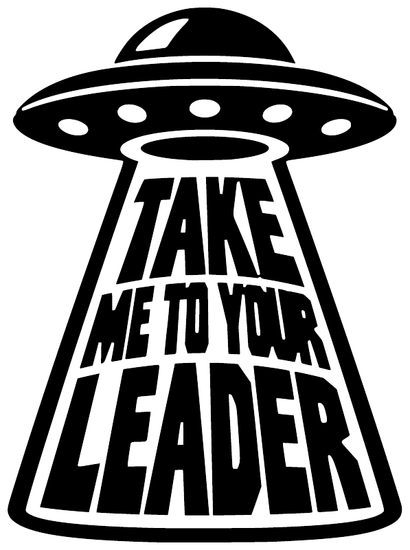 Black alien vinyl decal with UFO figure and 'TAKE ME TO YOUR LEADER' lettering