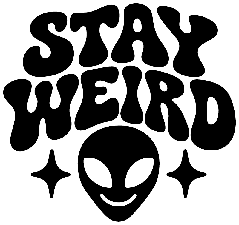 Black alien face vinyl decal with dripping 'Stay Weird' lettering