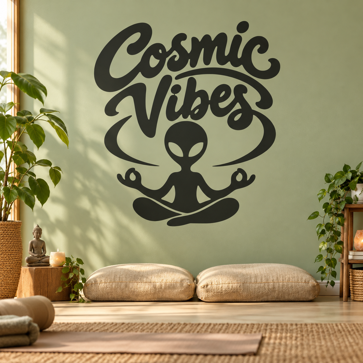 Cosmic Vibes alien vinyl decal, black graphic with smiling space figure and script text