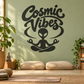 Cosmic Vibes alien vinyl decal, black graphic with smiling space figure and script text