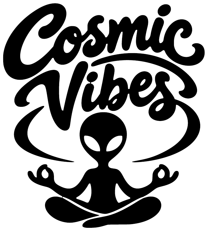 Cosmic Vibes alien vinyl decal, bold black script with space alien icon