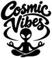 Cosmic Vibes alien vinyl decal, bold black script with space alien icon