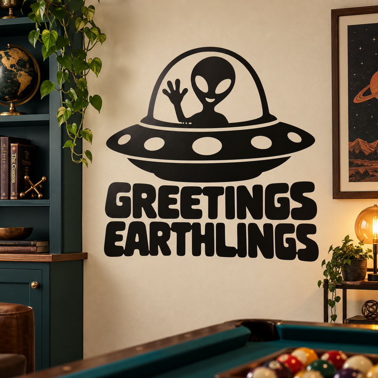 Black alien UFO vinyl decal with “GREETINGS EARTHLINGS” text, white accents
