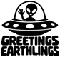 Black alien UFO and “GREETINGS EARTHLINGS” vinyl decal with white lettering and dots