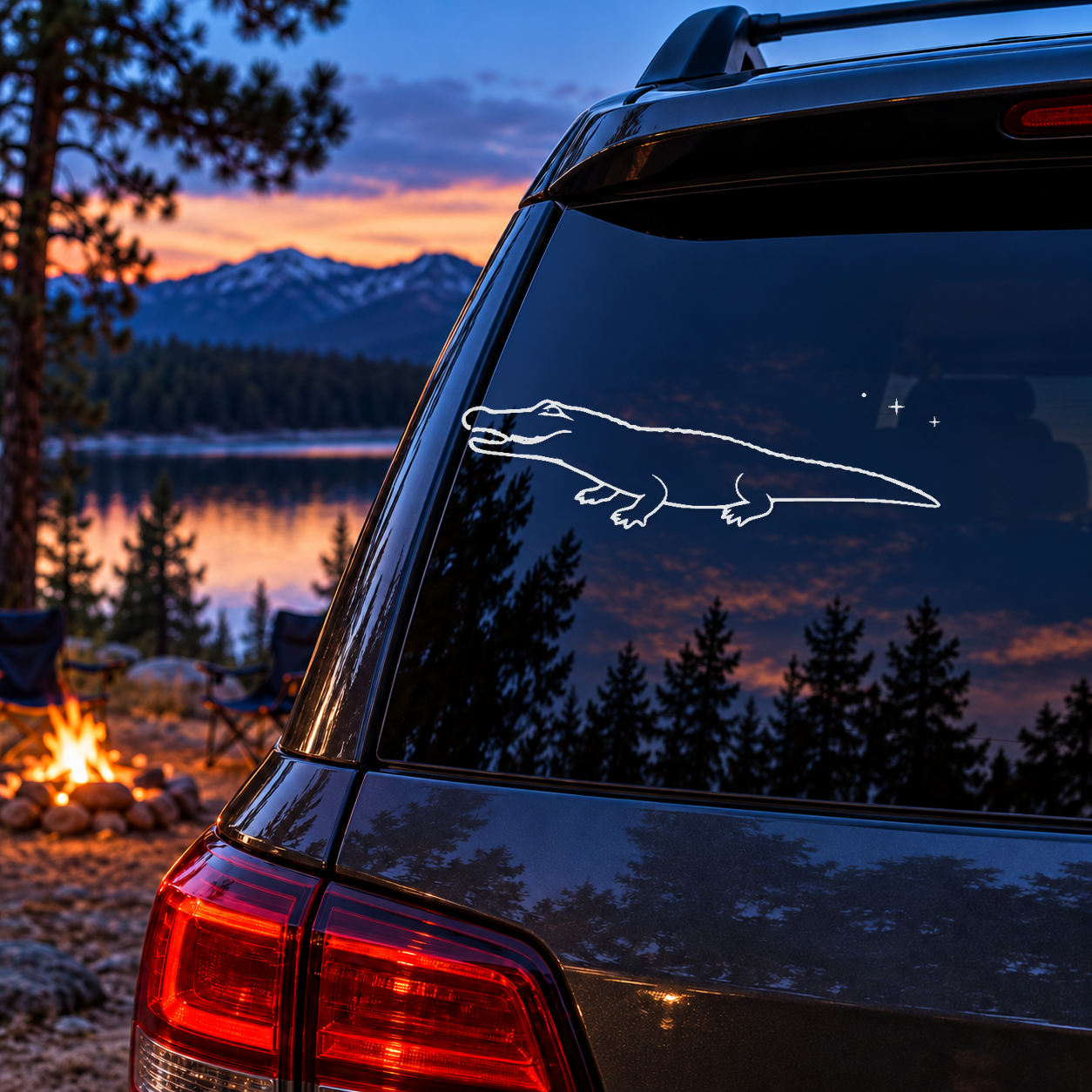 Alligator window decal with open jaw, ridged back outline, and small constellation spark cluster