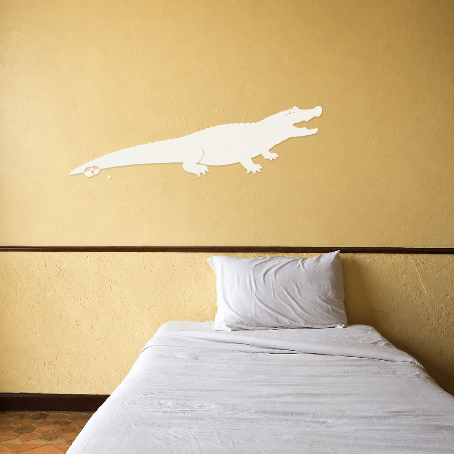 Mirrored alligator vinyl decal with crescent and star accents, white
