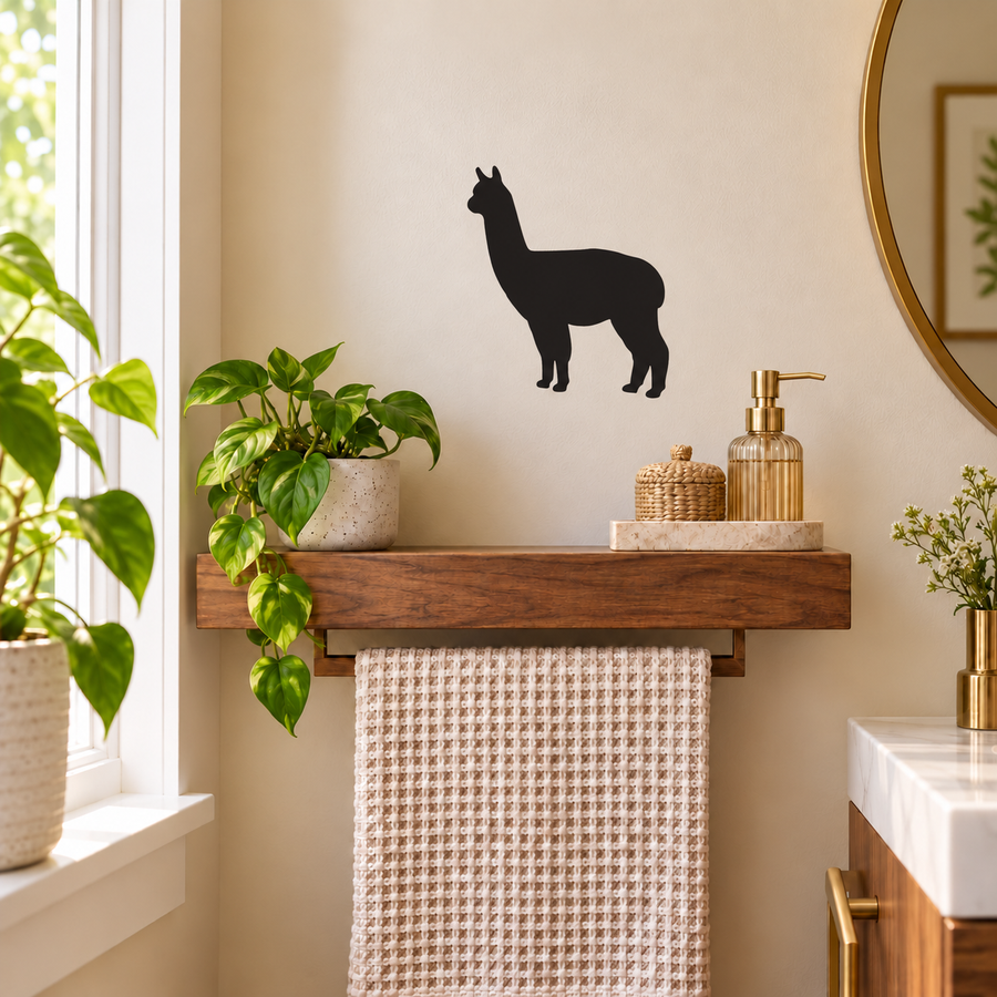 Standing alpaca vinyl wall decal with upright ears, black silhouette