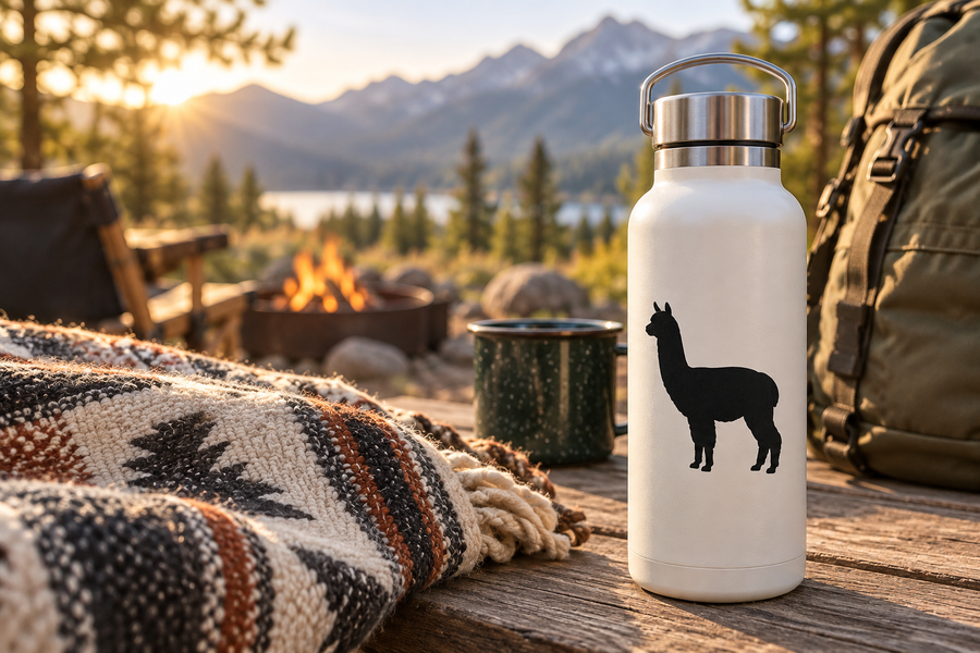 Alpaca standing side-profile vinyl decal in black on a bottle