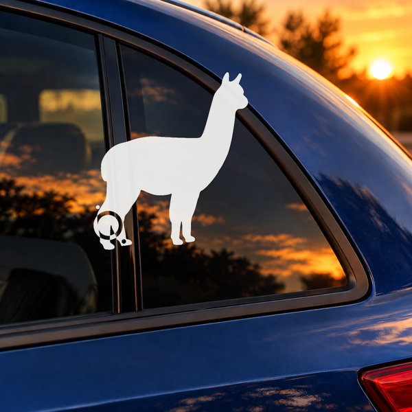 White alpaca decorative silhouette with upright ears and orbit dot halo