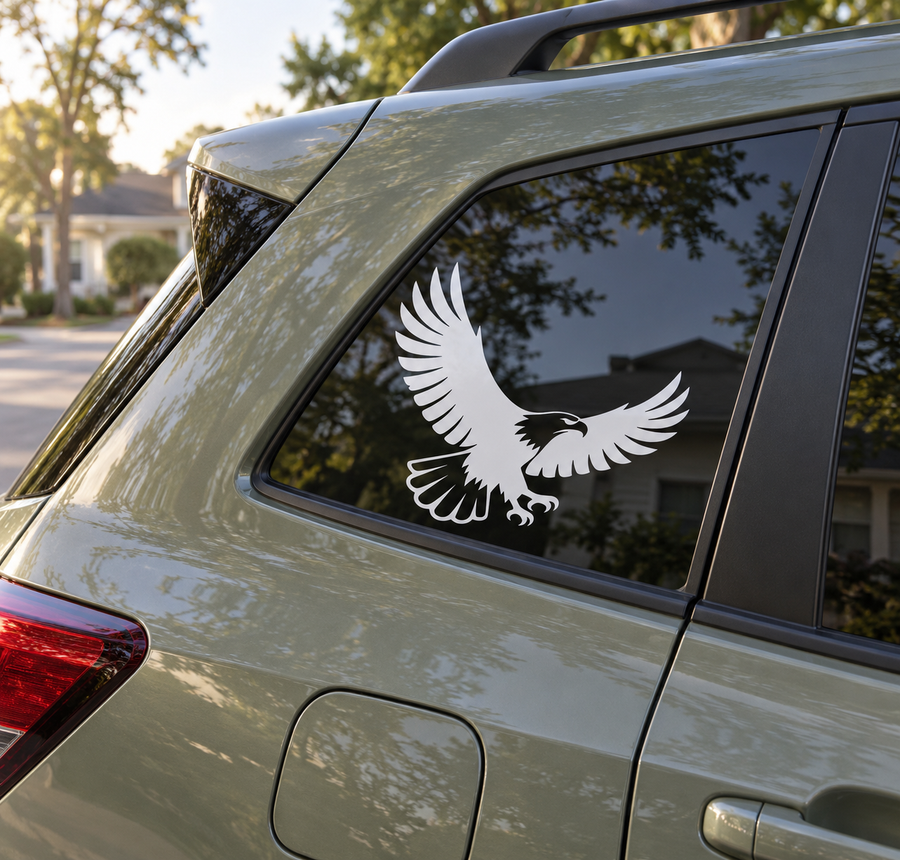 Soaring eagle vinyl decal in black and white on car window