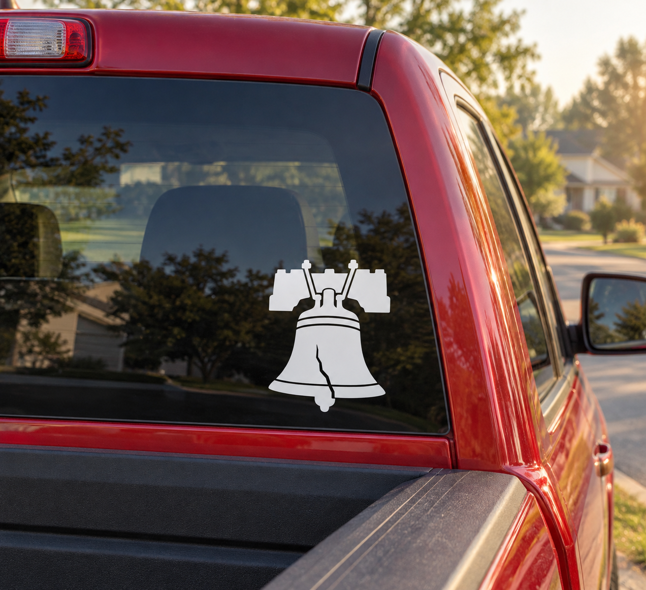 Liberty bell vinyl decal, white bell and clapper on car window