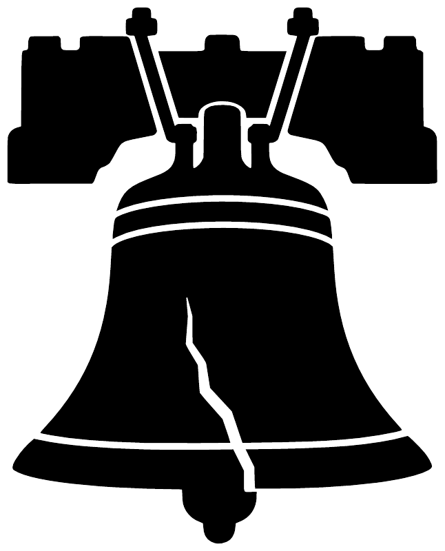 Liberty bell vinyl decal, black bell silhouette with clapper and banner