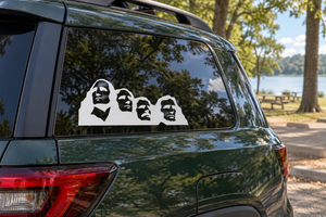 Car window vinyl decal with four white rock-profile faces in a row